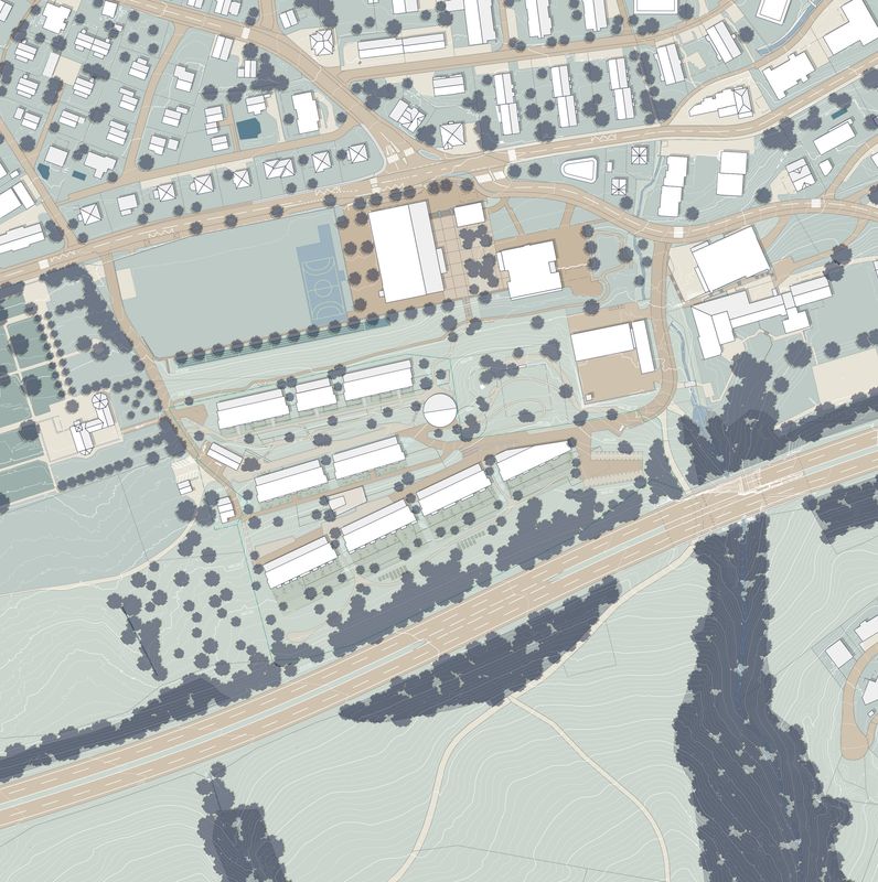 <p>Situationsplan: drei Häuserzeilen, Quartierzentrum/Kindergarten und Schür</p>