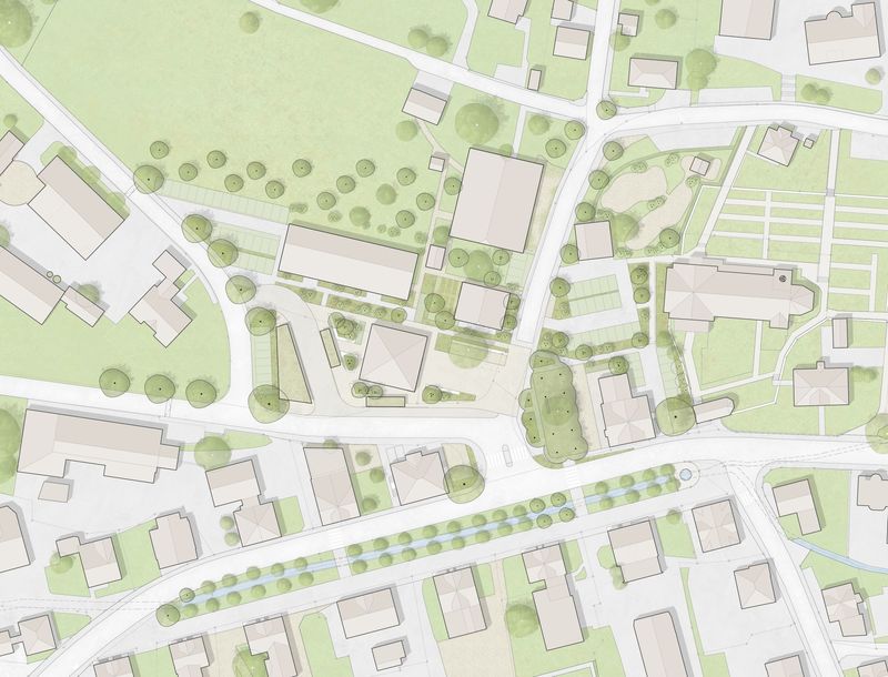 <p>Gass-Areal mit verkehrsfreiem Dorfplatz und konzentriertem Bushof</p><p>Situationsplan</p>