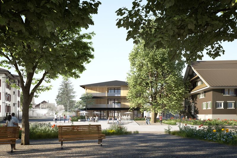 <p>Gemeindehaus mit verkehrsfreiem Dorfplatz, alter Linde und Gasshaus&nbsp;</p><p>Bild © Doro Dietz</p>